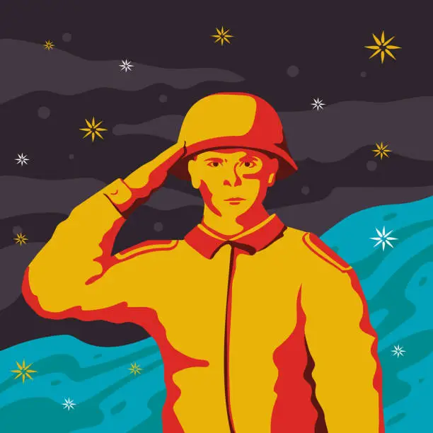 Vector illustration of A military boy makes a military salute. Pop art in the Soviet style. The poster.