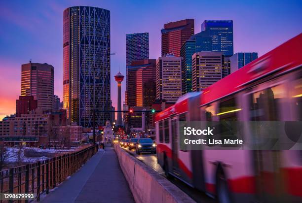 Downtown Calgary Traffic At Sunrise Stock Photo - Download Image Now - Calgary, Downtown District, Alberta