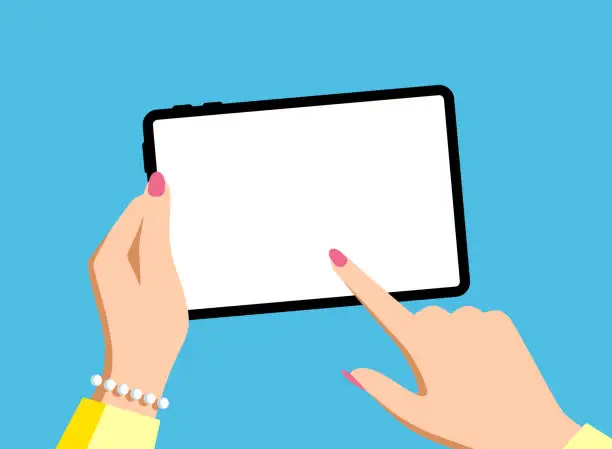Vector illustration of Woman's hand holding digital tablet with empty screen, mock up