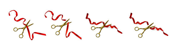 Gold scissors cut red bows and curly ribbons set Gold scissors cut red bows and curly ribbons. Festive elements for wrapping gift box, opening ceremony, birthday present or invitation card design isolated on white background. Realistic 3d vector set scissors cutting wrapping paper stock illustrations