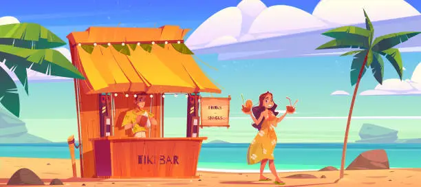 Vector illustration of Woman buying cocktail in tiki hut bar with barman