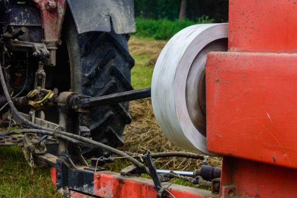 hay baler close up, rake press and constructing details. - agricultural machinery retro revival summer farm imagens e fotografias de stock