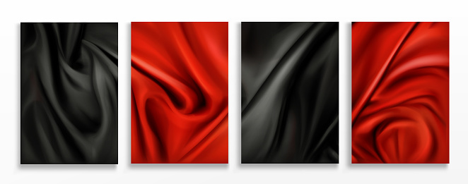 Red and black silk folded fabric backgrounds, luxurious textile decoration backdrop for poster, banner or cover design. Drapery material with soft satin waves, poster, 3d vector realistic illustration