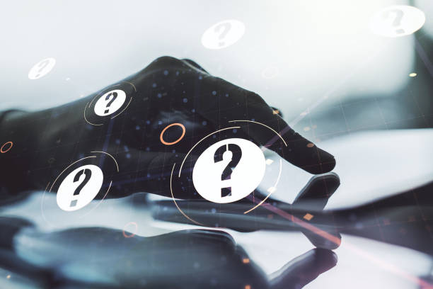 istock Creative abstract question mark hologram and finger presses on a digital tablet on background, future technology concept. Multi exposure 1298685775