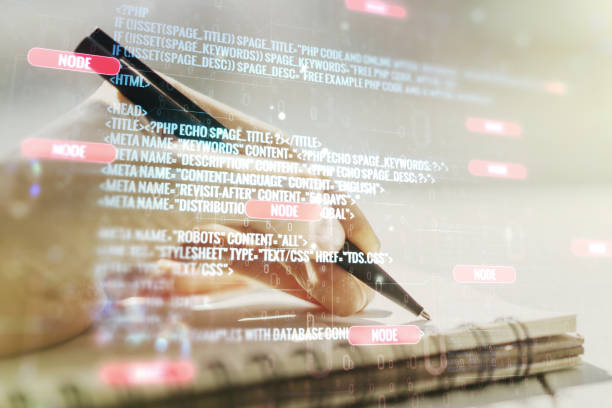 istock Multi exposure of abstract software development hologram and man hand writing in notebook on background, research and analytics concept 1298685776