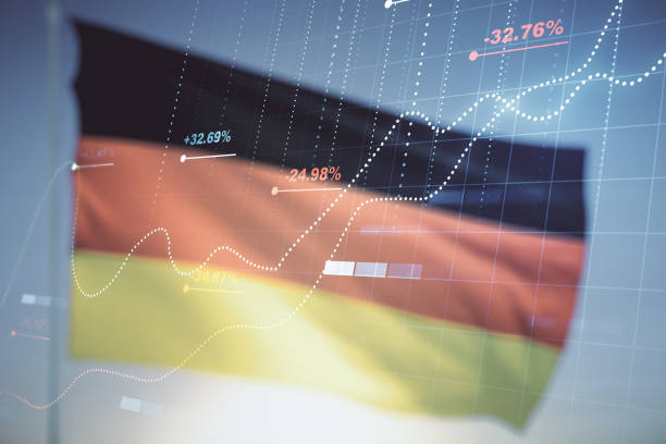 istock Double exposure of abstract creative statistics data hologram on flag of Germany and blue sky background, analytics and forecasting concept 1298686253