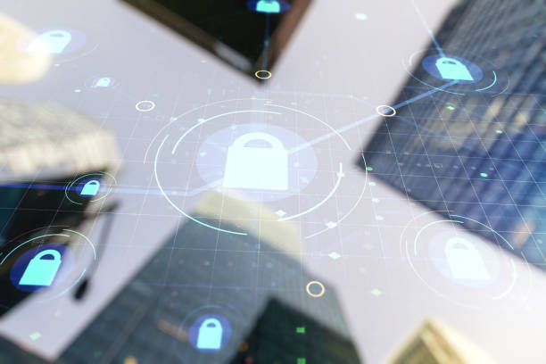 istock Double exposure of virtual creative lock hologram with chip on modern skyscrapers background. Information security concept 1298686546