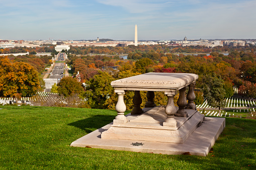 Arlington, VA/USA - October 26, 2015: Architect Pierre L'Enfant's gravestone at Arlington National Cemetery on a hillside overlooking the city of Washington, DC which he designed