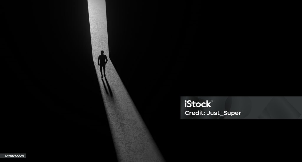 Leadership, Uncertainty, Looking Through, Light At End of Tunnel, Outlook, Future Single Person At Light of Doorway, Leadership, Single Person Abstract Stock Photo
