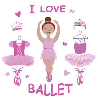 vector image of a small ballerina and two versions of ballet clothing: tutus, pointe shoes and tiara