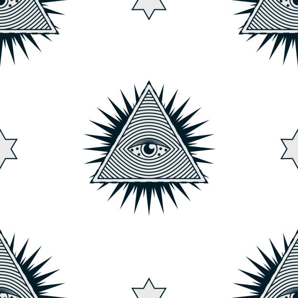Eye in the triangle, pyramid vector icon. Seamless pattern. The sign of the third all-seeing eye. Esoteric symbol of intuition. Human design, yoga, hindu. Conspiracy theory of masons illustration Eye in the triangle, pyramid vector icon. Seamless pattern. The sign of the third all-seeing eye. Esoteric symbol of intuition. Human design, yoga, hindu. Conspiracy theory of masons illustration illuminati stock illustrations
