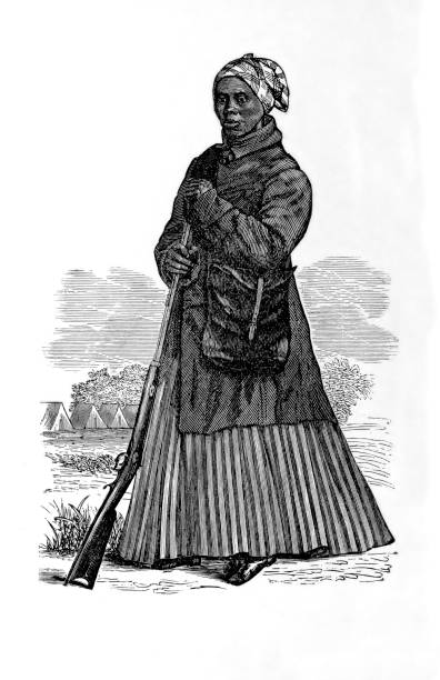 Portrait of Harriet Tubman Vintage engraving of Harriet Tubman (1822-1913), an American abolitionist and political activist. Born into slavery, Tubman escaped and later made some 13 missions to rescue approximately 70 slaves using the network of anti-slavery activists and safe houses known as the Underground Railroad. During the American Civil War, she served as an armed scout and spy for the Union Army. In her later years, Tubman was an activist in the movement for women's suffrage. civil war stock illustrations