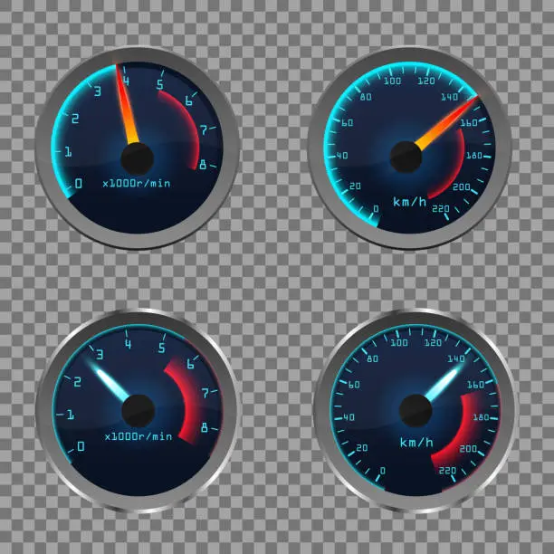 Vector illustration of Set of isolated dashboard speedometers. Motorbike or motorcycle, auto or automobile, lorry speed measure gauge. Odograph or odometer. Icon for download progress display, performance indicator