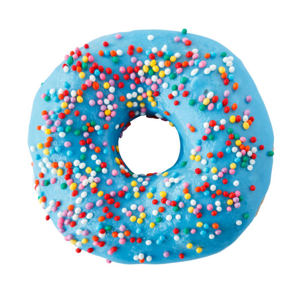 Donut in blue glaze with colored sprinkles.