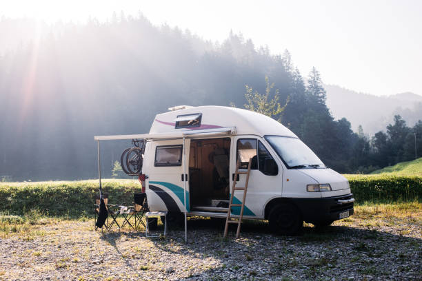 istock Vintage hipster camping van, vanlife concept 1298701724
