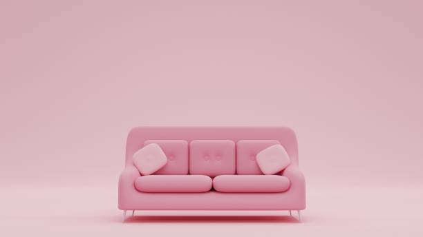 3d rendering de moda cómodo sofá de tela rosa elegante con patas blancas sobre fondo rosa interior rosa, sala de exposición, pieza de mobiliario individual. vista frontal del sofá de lujo - monocromo fotografías e imágenes de stock
