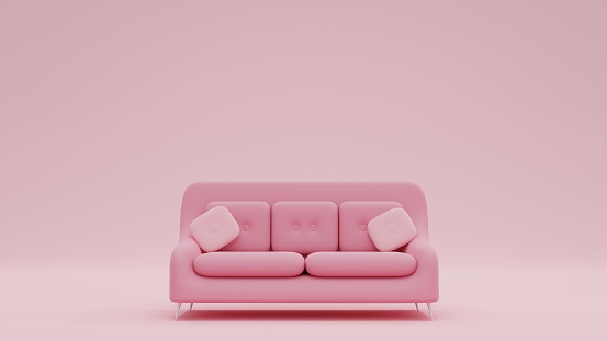 3D Rendering Fashionable comfortable stylish pink fabric sofa with white legs on pink background
