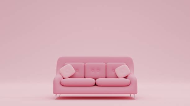 3D Rendering Fashionable comfortable stylish pink fabric sofa with white legs on pink background Pink interior, showroom, single piece of furniture. Luxury couch front view 3D Rendering Fashionable comfortable stylish pink fabric sofa with white legs on pink background monochrome house stock pictures, royalty-free photos & images