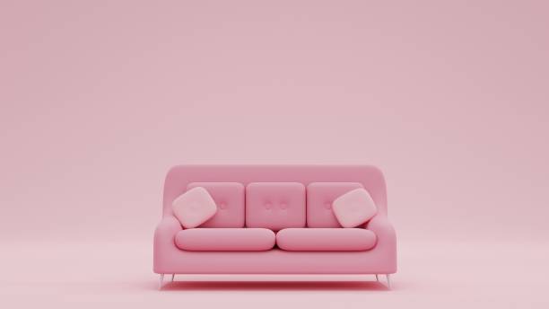 3D Rendering Fashionable comfortable stylish pink fabric sofa with white legs on pink background Pink interior, showroom, single piece of furniture. Luxury couch front view 3D Rendering Fashionable comfortable stylish pink fabric sofa with white legs on pink background leather cushion stock pictures, royalty-free photos & images