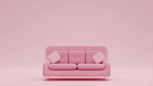 Photo of 3D Rendering Fashionable comfortable stylish pink fabric sofa with white legs on pink background Pink interior, showroom, single piece of furniture. Luxury couch front view