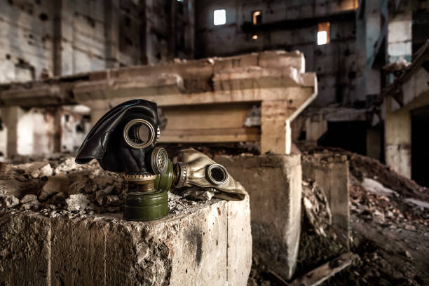 gas mask on the ruins of war