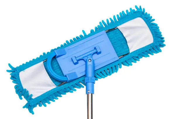 Mop and blue rag close-up, isolate on a white background