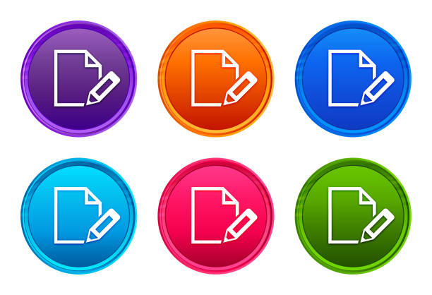 ilustrações, clipart, desenhos animados e ícones de editar ícone de documento botão redondo brilhante definir 6 vetor de cores - article pen manuscript writing