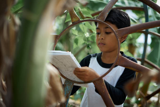 istock Young boy studying and doing homework under tree in natural park 1298709208
