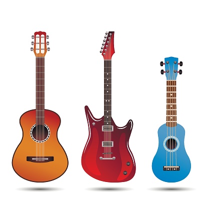 Set of different bright realistic guitars. Retro acoustic guitar, electric rock guitar . flat vector illustration isolated on white background