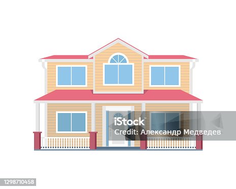 istock Traditional American two-story family house. Vector illustration on white isolated background 1298710458