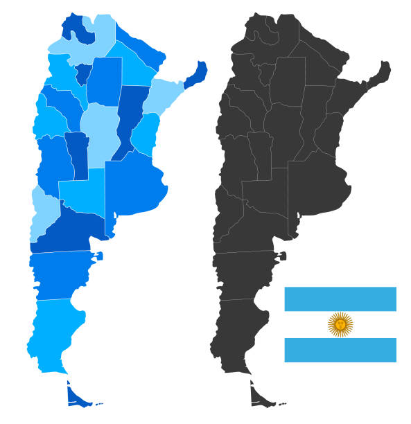 ilustrações, clipart, desenhos animados e ícones de mapa da argentina com bandeira nacional. ilustração de vetor azul de alto detalhe - argentina