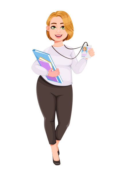Young plus size pretty woman Young plus size pretty woman. Beautiful overweight businesswoman holding badge. Stock vector illustration lanyard business badge women stock illustrations