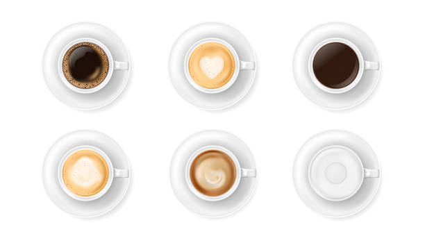 istock Top view at different white coffee cups on plates. Realistic vector illustration of various hot coffee drinks mugs - espresso, latte, cappuccino, americano. 3d caffeine beverage elements for cafe menu 1298727400