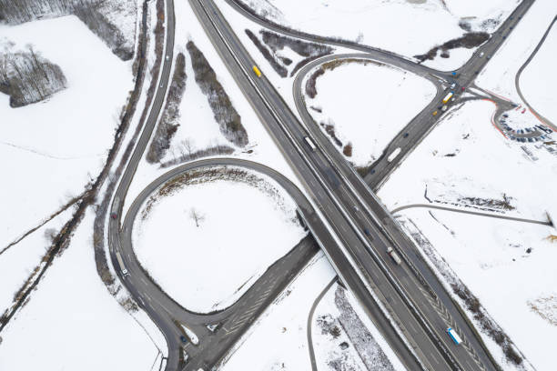 istock Aerial view of a highway Interchange in winter 1298728942