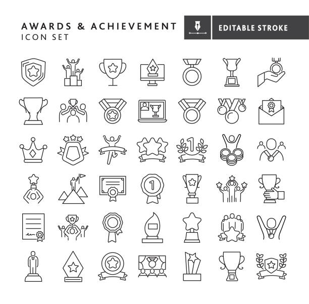 Awards Trophies and winning themed big thin line Icon set - editable stroke Vector illustration of a big set of 43 kitchen and cooking themed line icons. Includes stars, shields, online award ceremony, trophies, ribbons, laurel, medals, awards, certificates, victory, team win, and achievement icons on background with no white box below. Fully editable stroke outline for easy editing. Simple set that includes vector eps and high resolution jpg in download. superheld stock illustrations