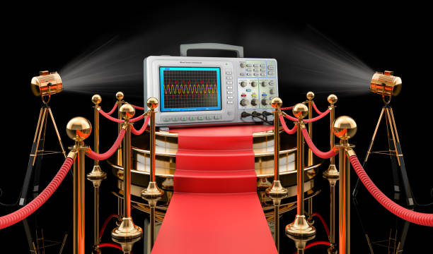 istock Podium with oscilloscope, 3D rendering isolated on black background 1298732452