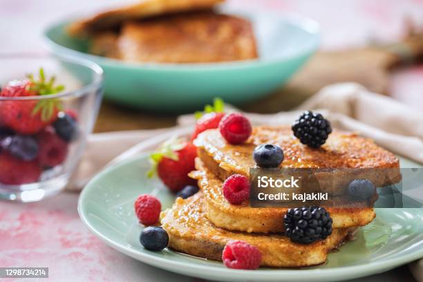 French Toast With Berries And Maple Syrup Stock Photo - Download Image Now - French Toast, Breakfast, Syrup