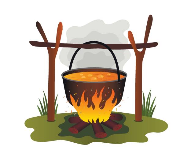 ÐÐµÑÐ°ÑÑ boiling lunch in a pan in nature. Boiler and bonfire in the summer camp. concept of green tourism and recreation. flat vector illustration isolated on white background chowder stock illustrations