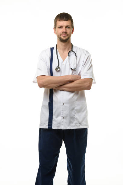 istock Man showing doctor's clothes, front view, isolated on white background 1298737790