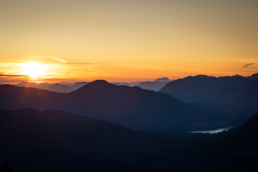 Sunset views from top of mountain. Sunshine Coast, BC, Canada.
