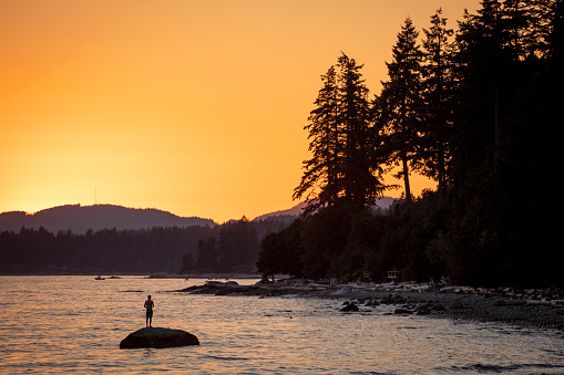 Silhouetted man standing on rock in water.