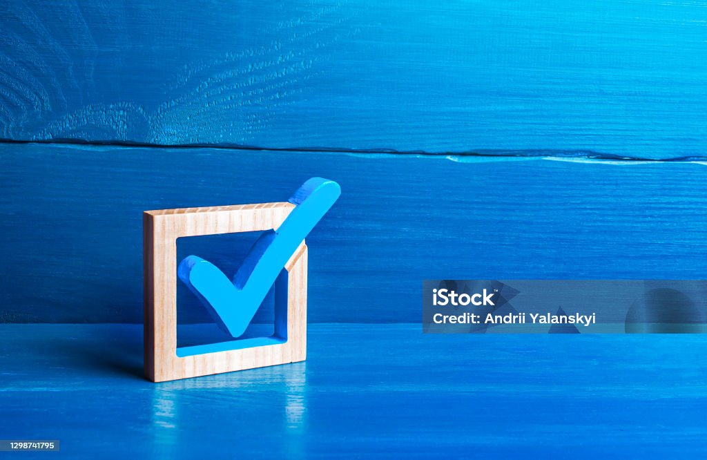 Blue voting tick. Checkbox. Choice and guarantee concept. Democratic elections for parliament or president. Rights and freedoms. Voting lawmaking. Approval symbol, confirmation verification Check Mark Stock Photo