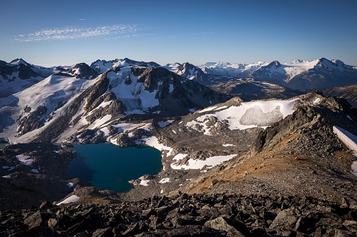 Picturesque winter morning mountains panorama view from Skupova mountain alpine slope. Verkhovyna district, Ukraine, view to Chornohora ridge and Pip Ivan mountain top, Carpathian.