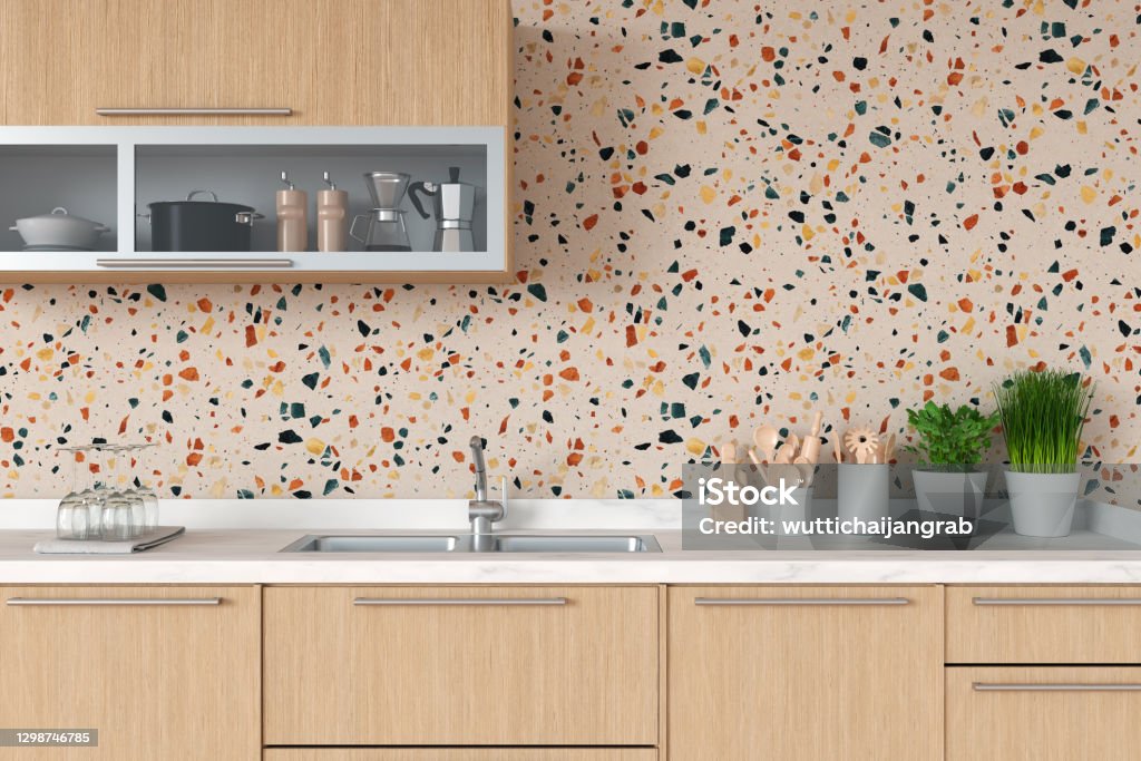 Kitchen countertop with sink for mockup, 3D rendering Kitchen countertop interior with sink for mockup, 3D rendering Terrazzo Stock Photo