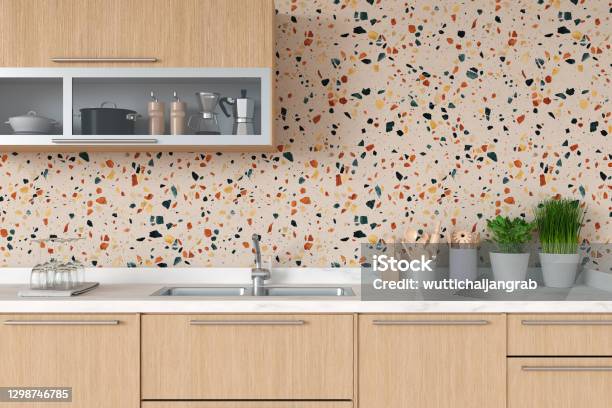Kitchen Countertop With Sink For Mockup 3d Rendering Stock Photo - Download Image Now