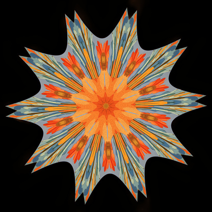 A circularly symmetric Kaleidoscope pattern on a black background and square dimensions