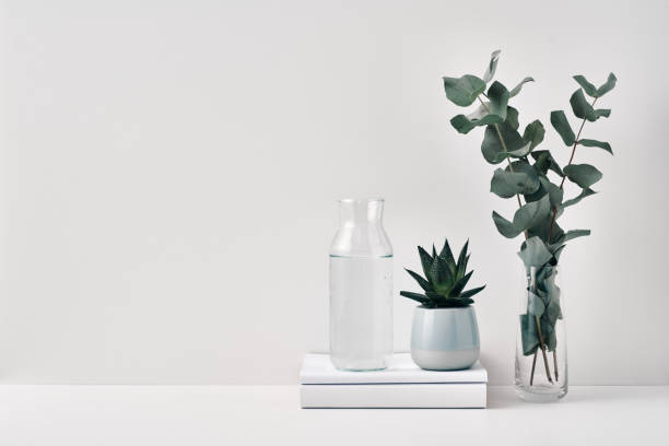 istock A transparent bottle with a cork stopper and a vase with eucalyptus branches on a white background. Natural and eco-friendly materials in interior decor. Copy space, mock up 1298757223