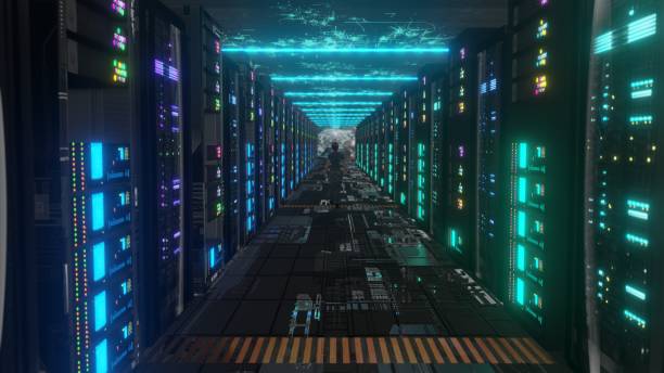 istock woman Moving Through Data Center with Server Racks LED Lights 1298757476