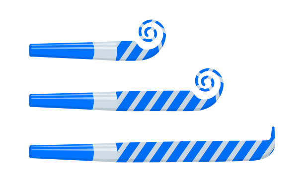 Rolled and unrolled party blowers, horns, noise makers, sound whistles Rolled and unrolled party blowers, horns, noise makers, sound whistles isolated on white background. Side view. Christmas celebration, holidays, kids birthday concept. Vector cartoon illustration loud whistle sound stock illustrations