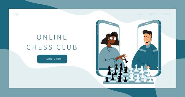 Online chess club landing page. Two people plays chess online. Man and woman competing in chess from their smartphones. Distant leisure activity concept. Chess tournament at online chess club. Online chess club landing page. Two people plays chess online. Man and woman competing in chess from their smartphones. Distant leisure activity concept. Chess tournament at online chess club. computer chess stock illustrations